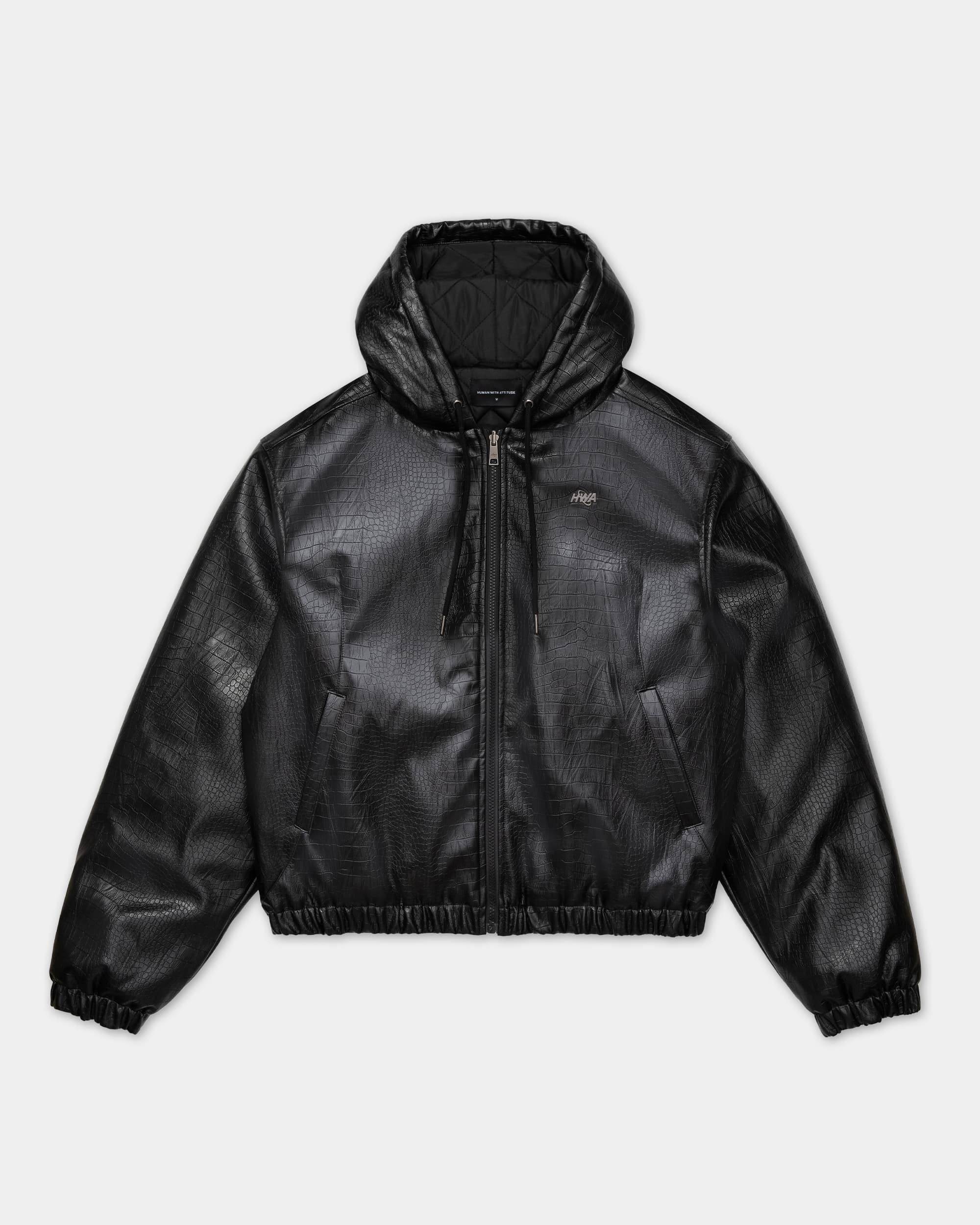 Black PU Leather Crocodile Effect Hooded Jacket - Worker Premium