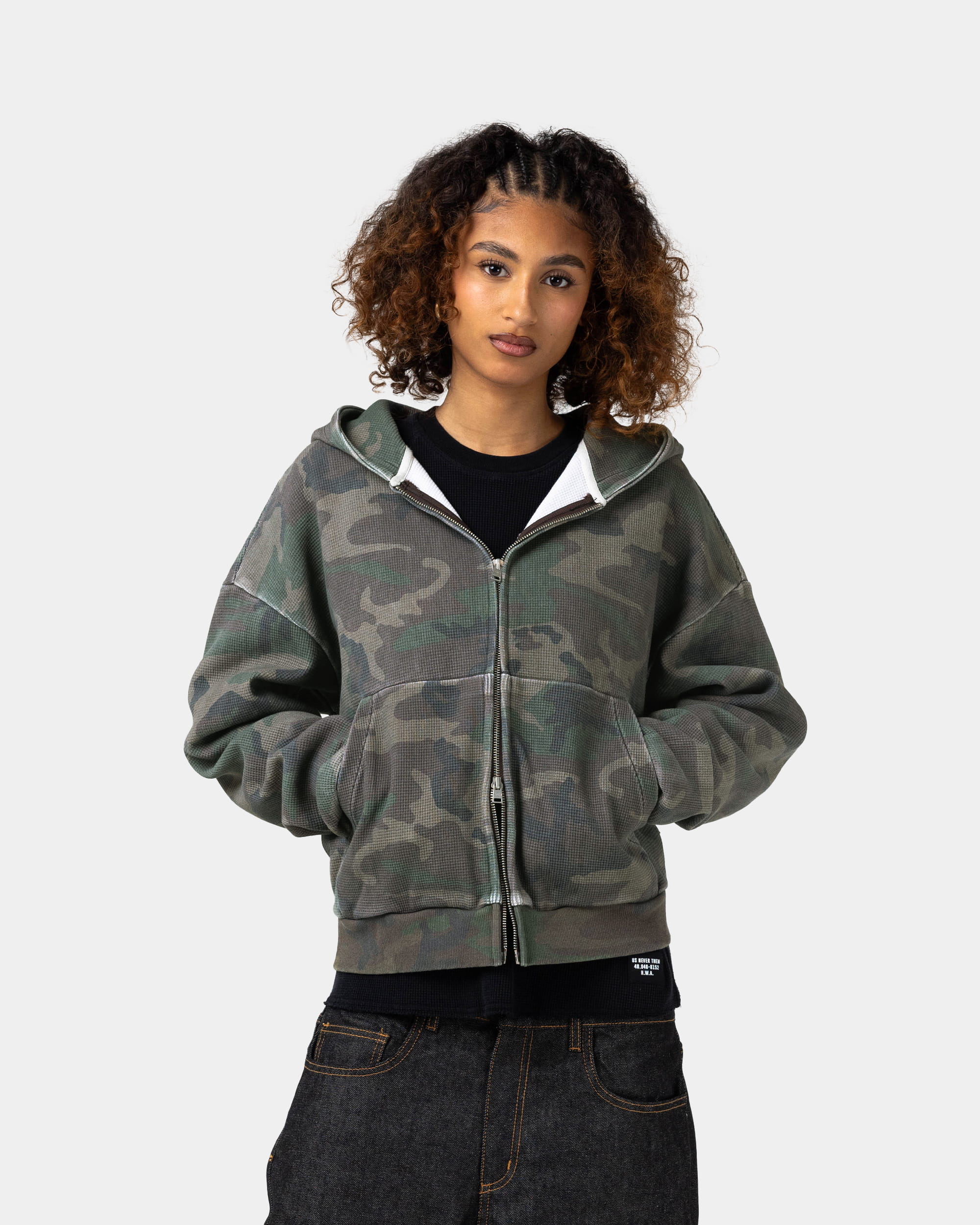 トップス FloraCore Camo Waffle Double Zip Hoodie Camo Waffle Knit Zip-Up Hoodie | Human With Attitude