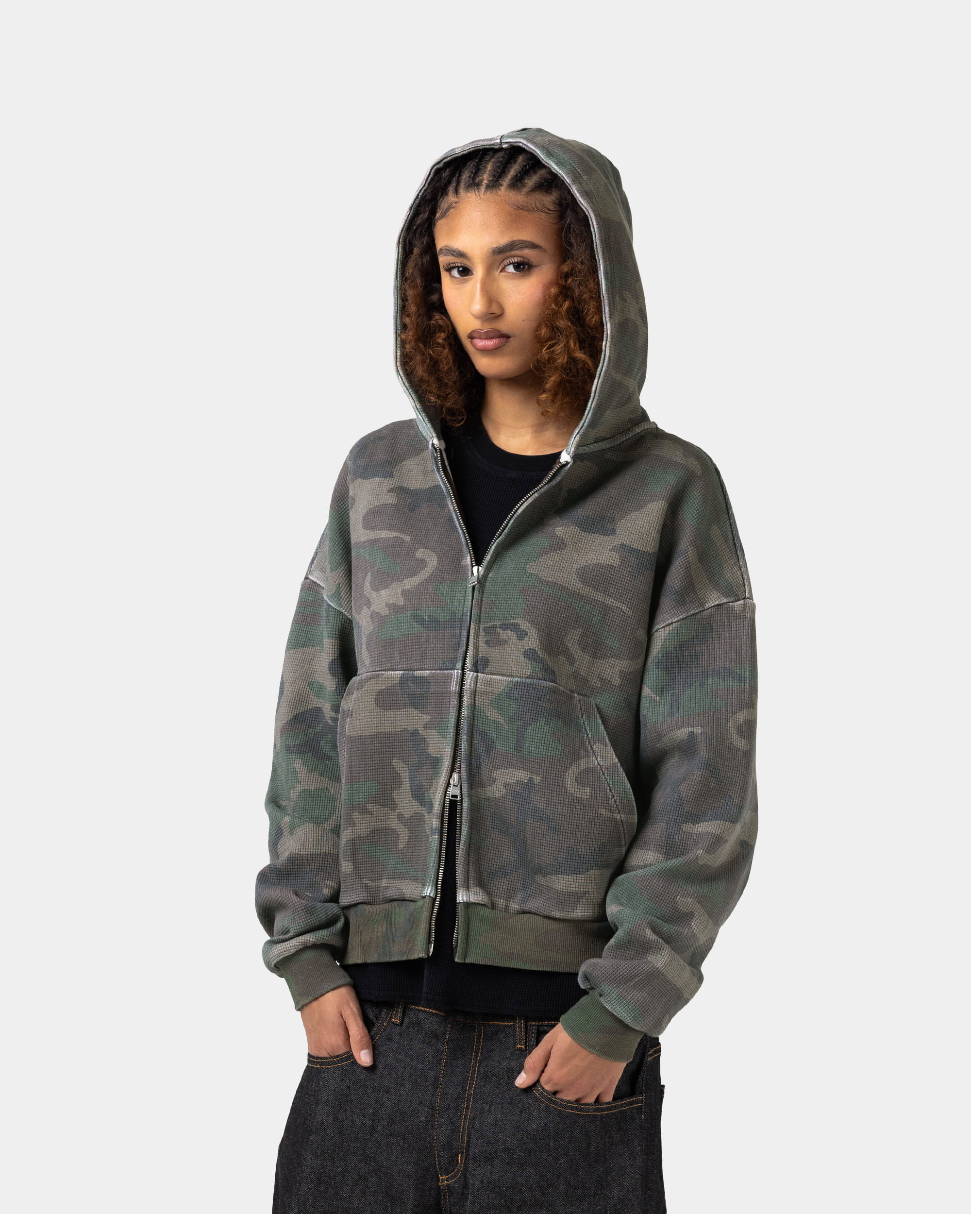 Sweat zippé à capuche en maille gaufrée