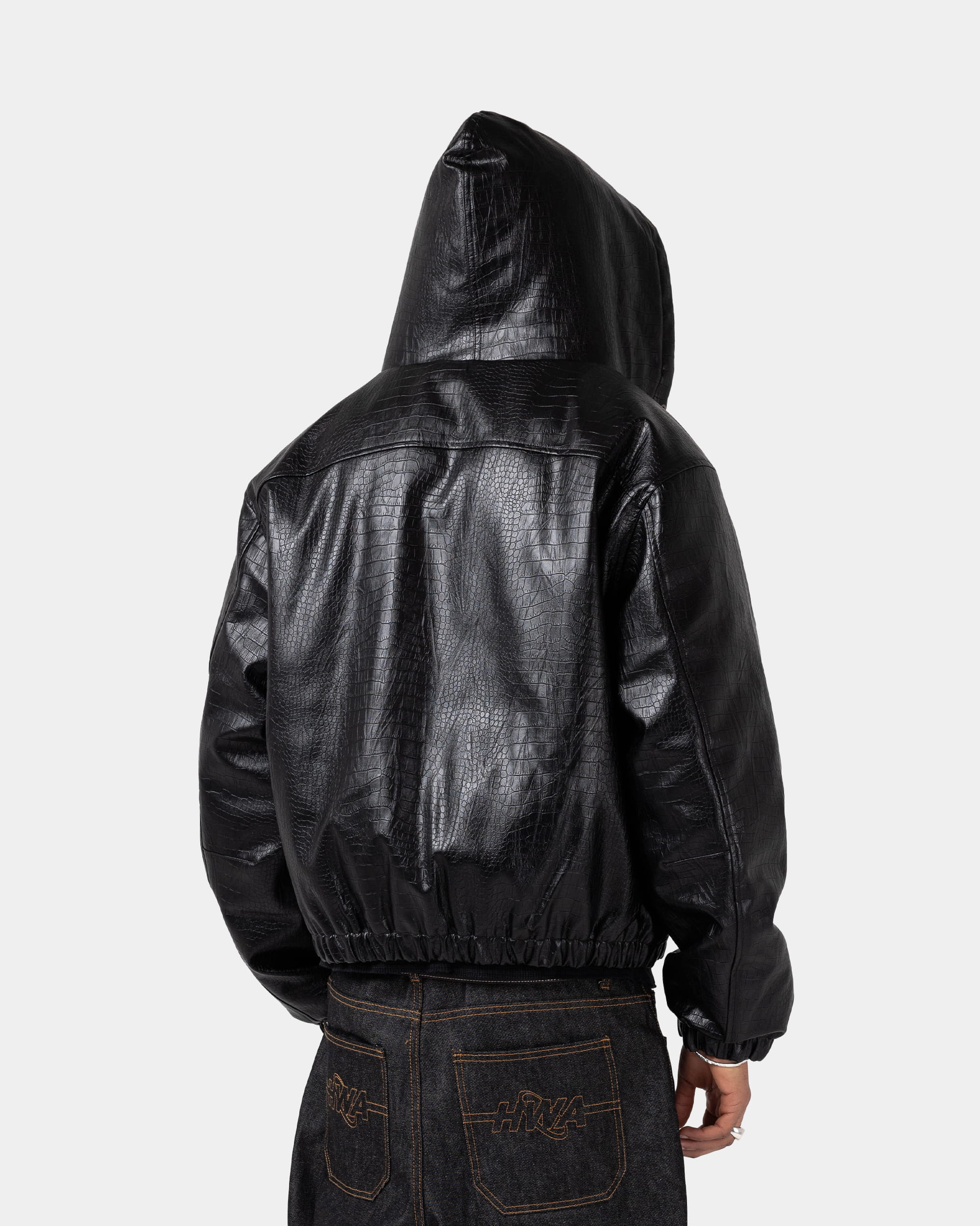 Black PU Leather Crocodile Effect Hooded Jacket - Worker Premium
