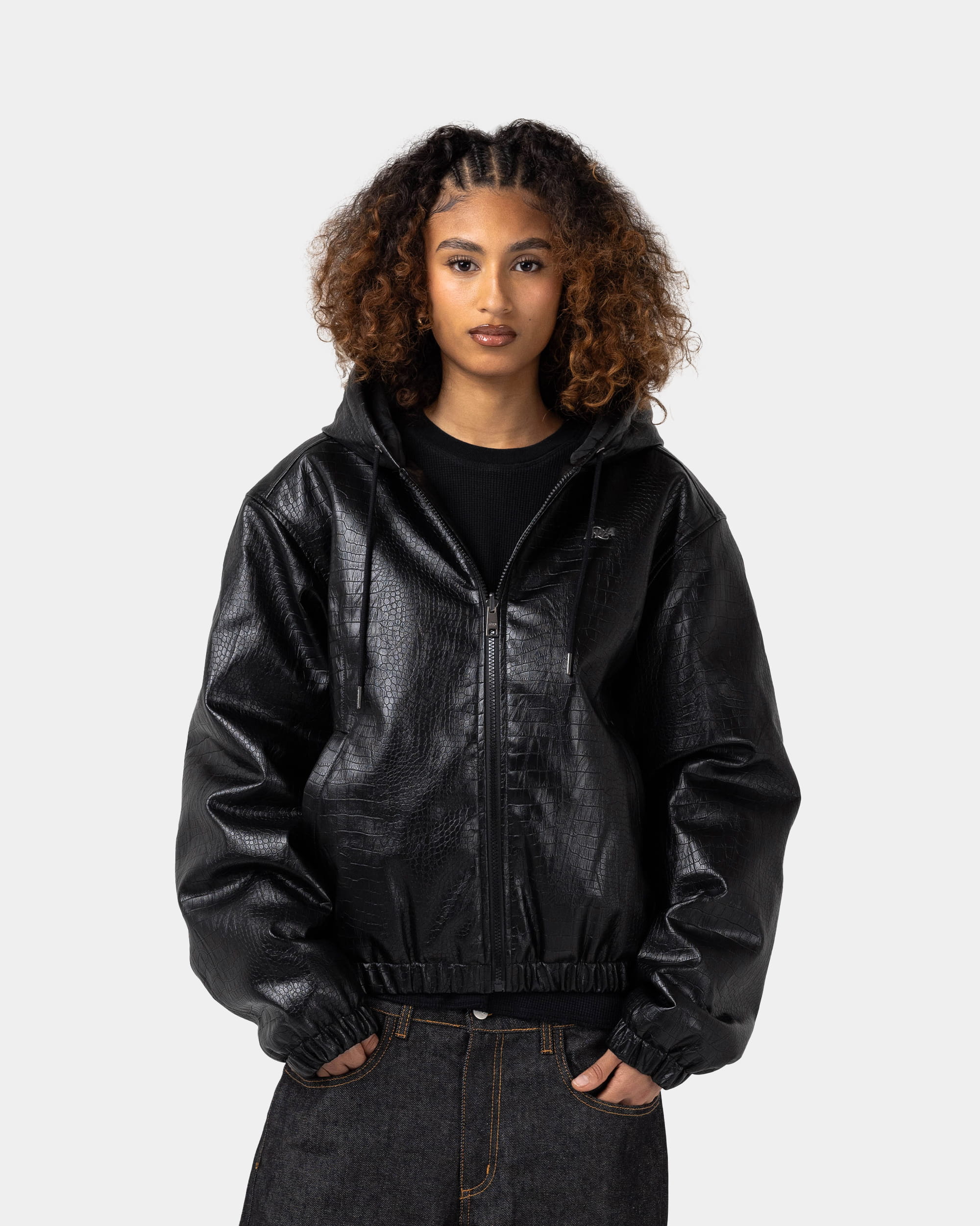 Black PU Leather Crocodile Effect Hooded Jacket - Worker Premium