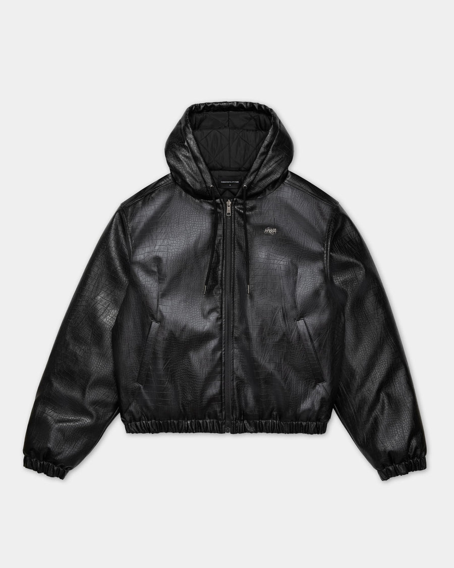Blouson noir à capuche effet crocodile