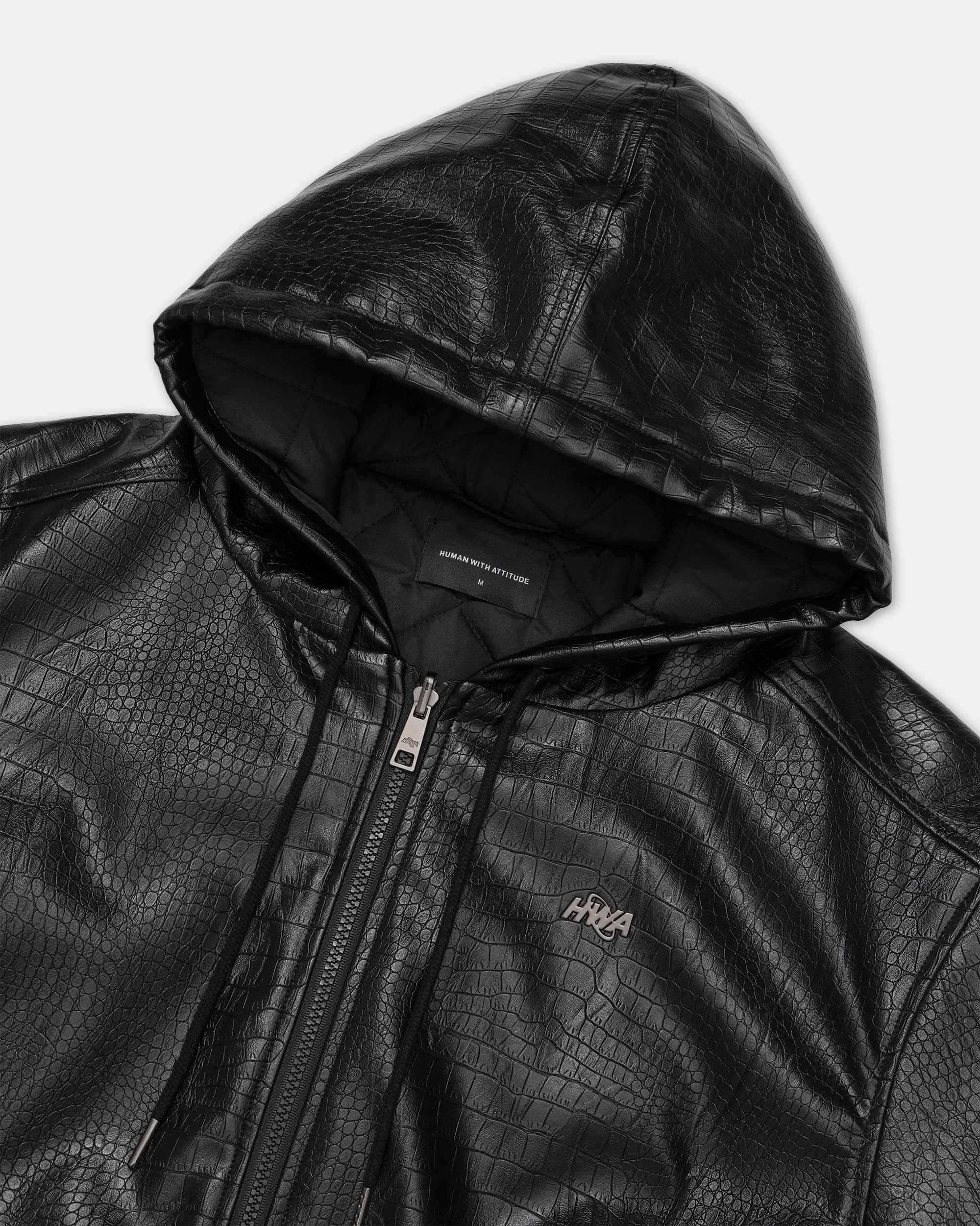 Black PU Leather Crocodile Effect Hooded Jacket - Worker Premium